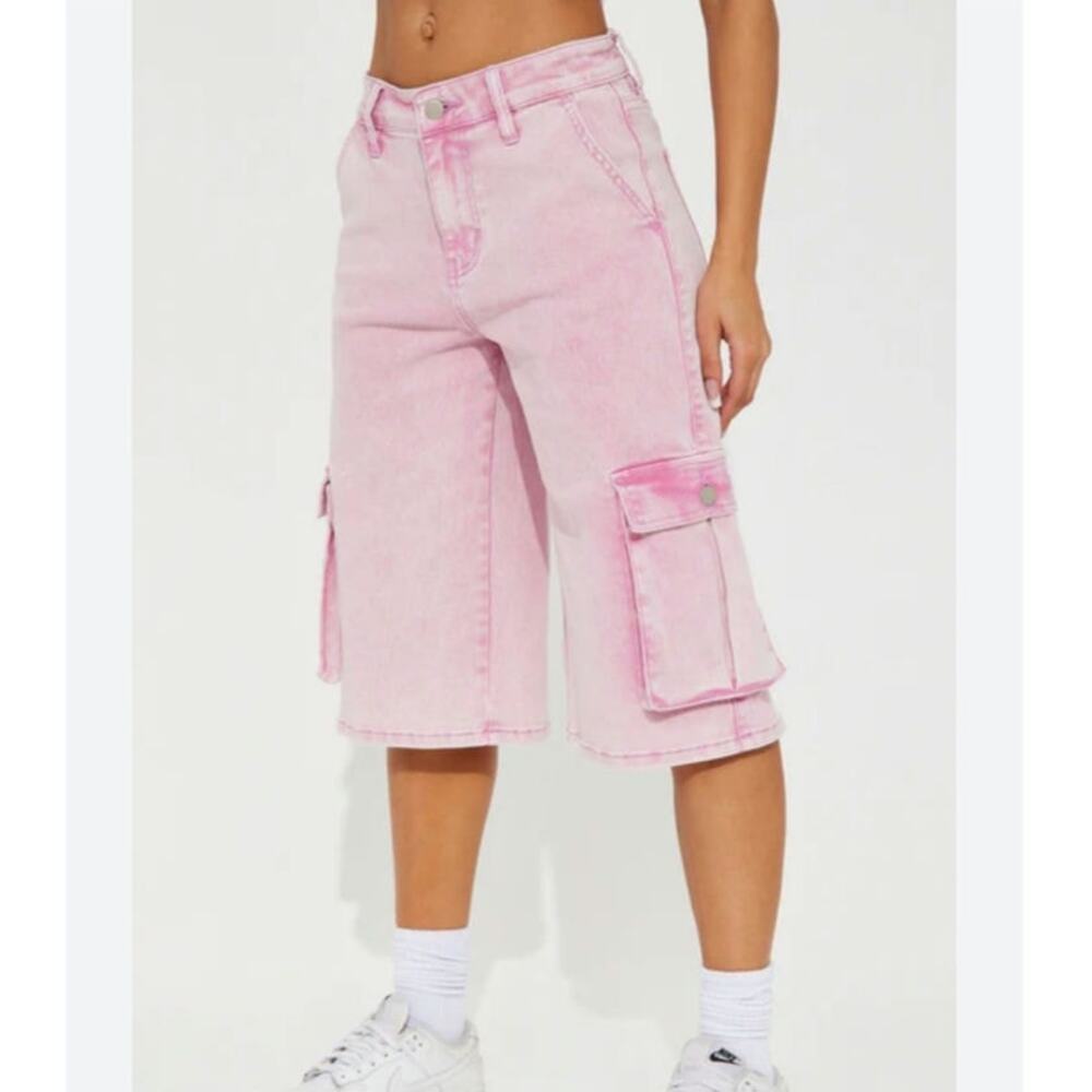 Fashion Nova EUC Carmen denim cargo stretch Jorts long shorts wide leg Jr 3 pink